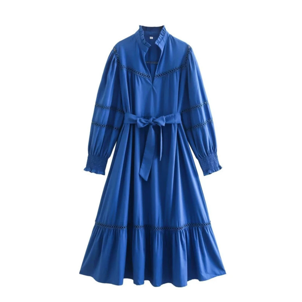 Spring Womens Long Sleeve Blue Lace Dress